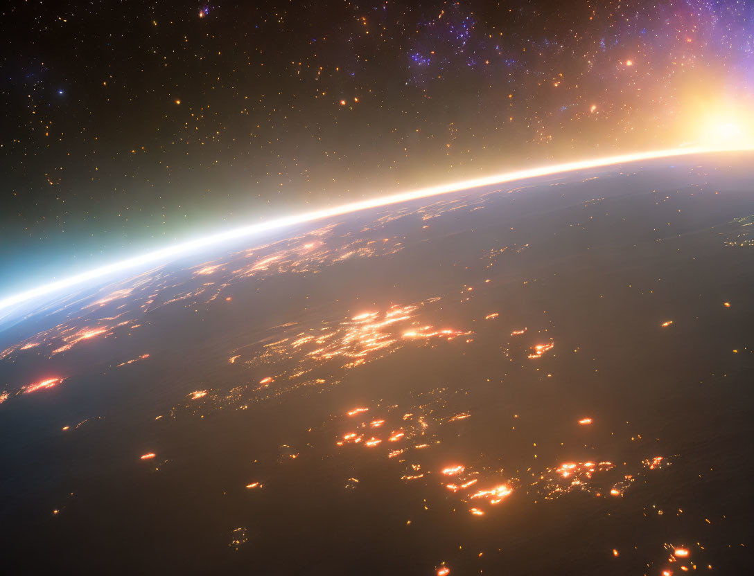 Earth from space: Curved horizon, city lights, sunrise, distant stars