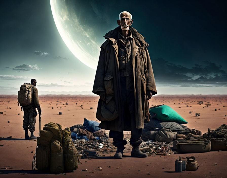 Elderly man in desert with weary travelers and supplies under large moon