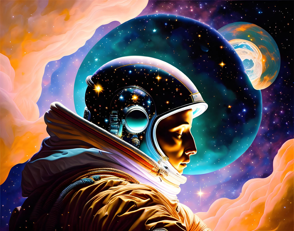 Astronaut with reflective visor in cosmic scene with stars, planets, clouds, and moon