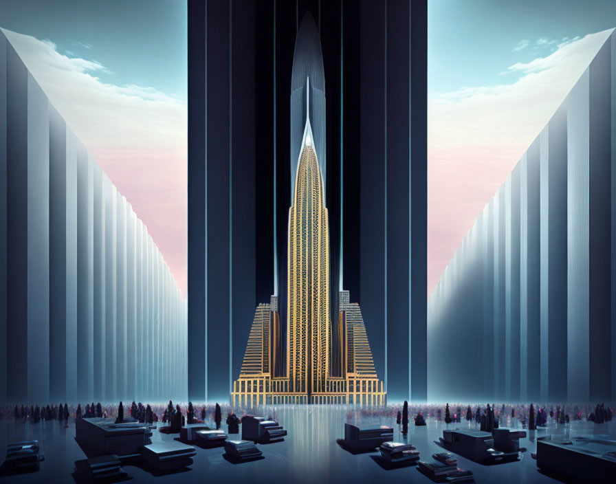 Futuristic Art Deco skyscraper between towering walls at dusk