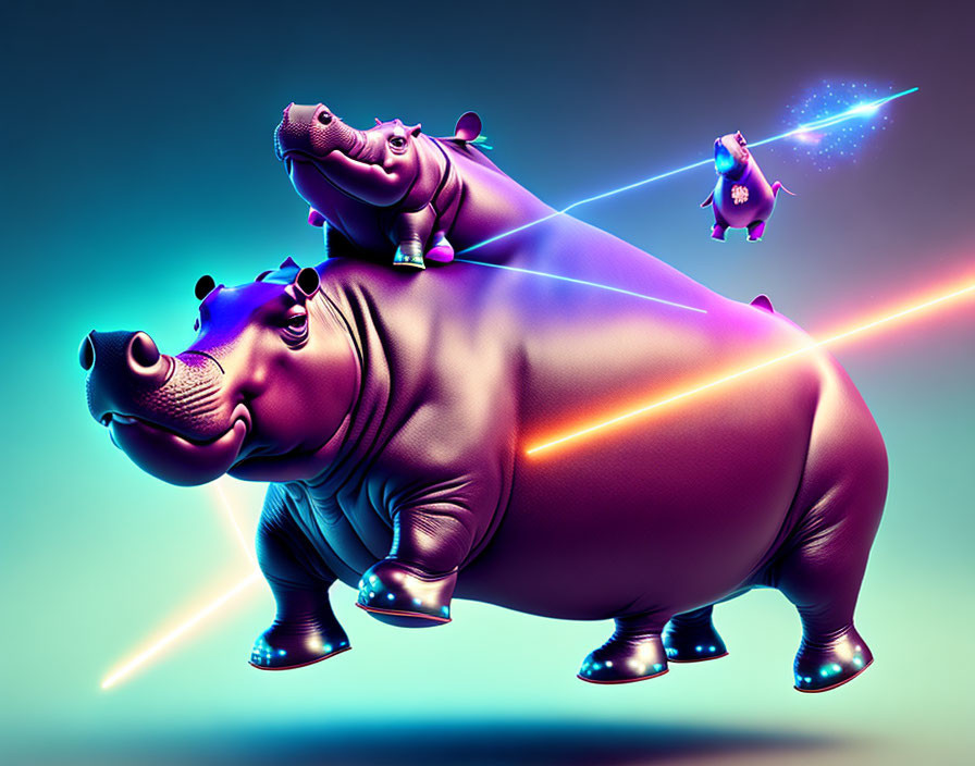 A flying hippopotamus with lasers