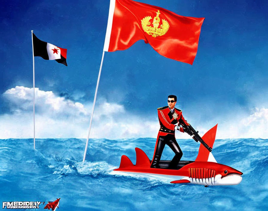 Man in military uniform rides shark with machine gun in digitally altered image