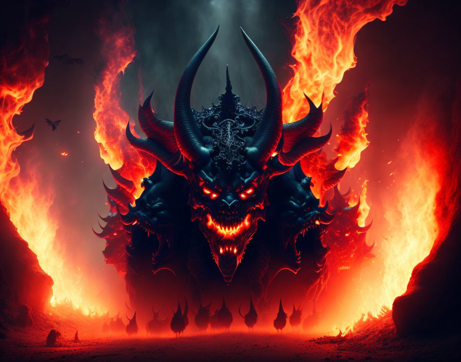 Sinister horned demon engulfed in flames with volcanic backdrop and smaller creatures - infernal imagery.