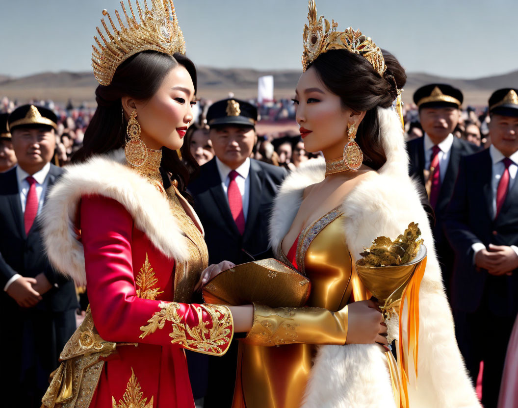 Traditional Mongolian women in ornate attire holding hands at ceremonial event.