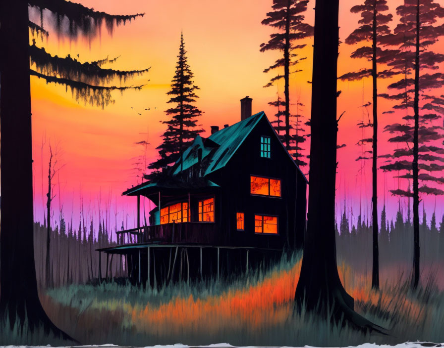 Cozy cabin in forest under sunset sky