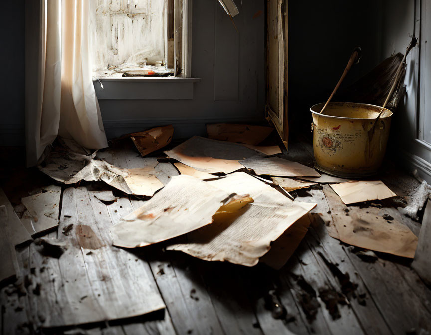 Abandoned room with damaged floor, mop in bucket, and tattered curtains by window
