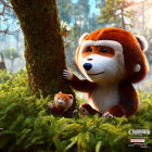 Playful red panda and small creature in vibrant cityscape and forest.