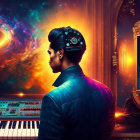 Person composing music on keyboard with DJ mixing tracks against cosmic backdrop