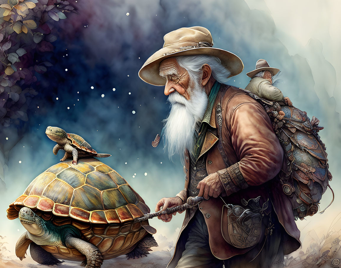 Old man and old woman driving turtle with handle, 