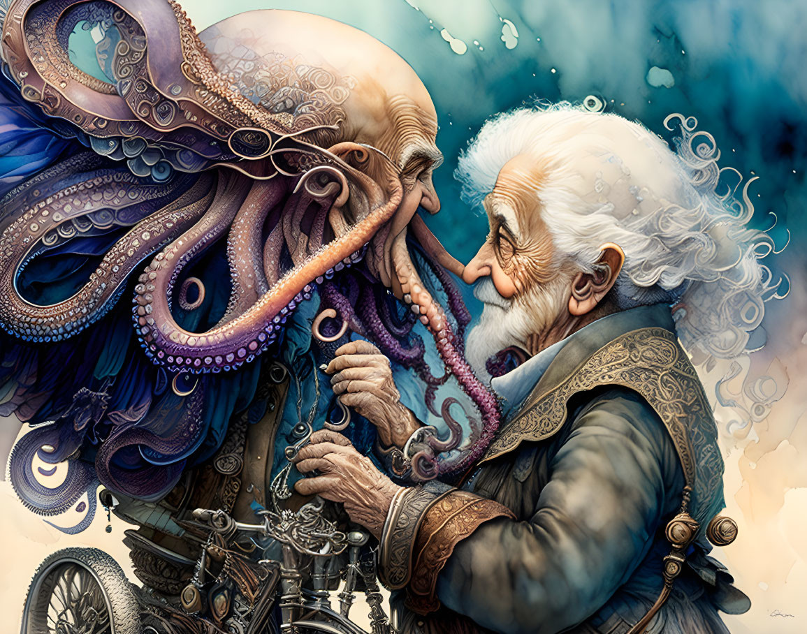 Old man and old woman driving a octopus with handl