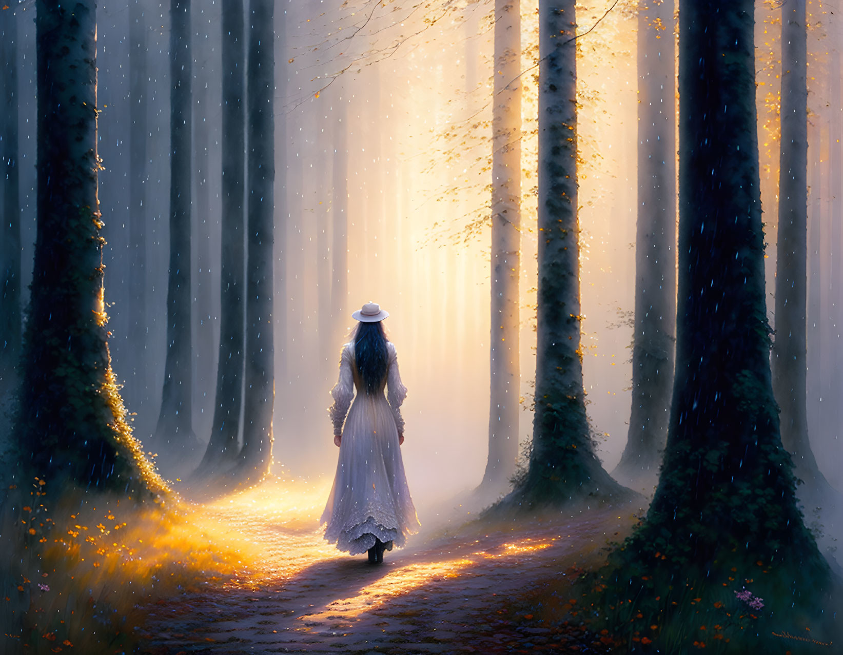 Person in white dress and hat strolls forest path with tall trees and dappled light