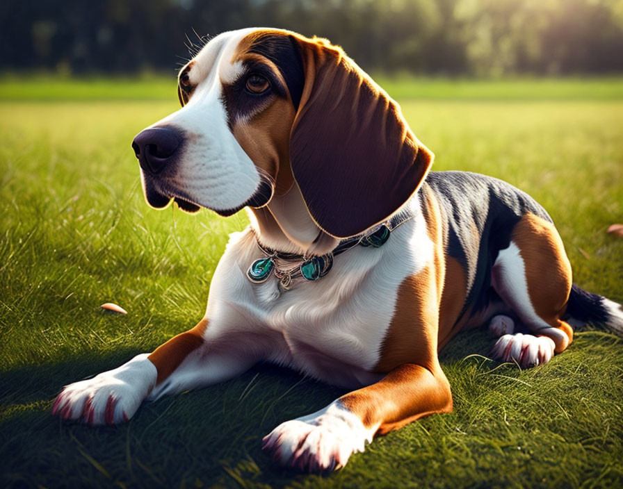 Shiny Collared Beagle Dog Relaxing on Sunlit Grass