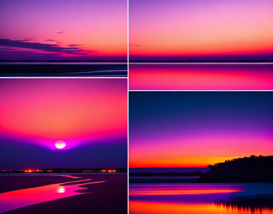 Vibrant sunset collage with purple, pink, and orange hues over water bodies