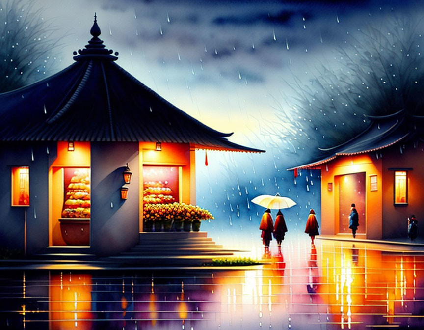 Three People Walking with Umbrellas in Rainy Twilight Cityscape