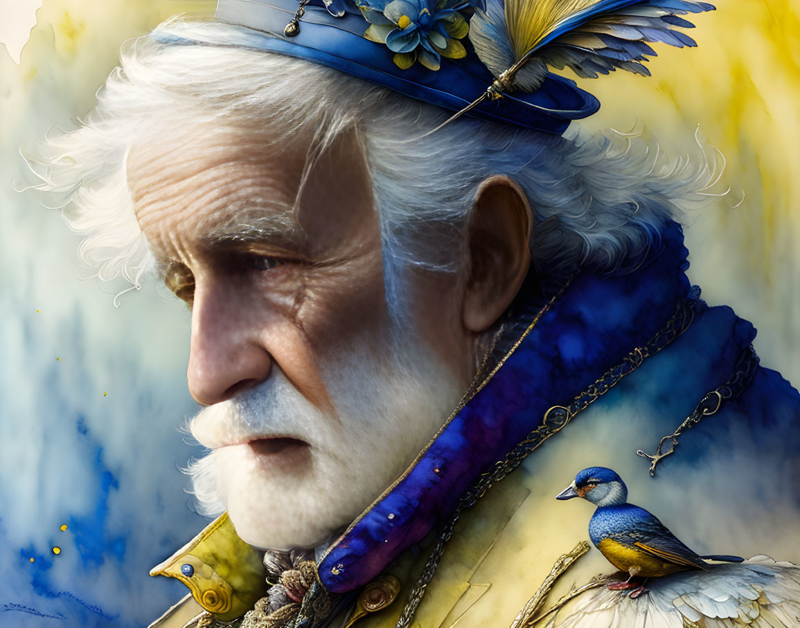 Elderly man with white beard and blue hat with flower and feathers