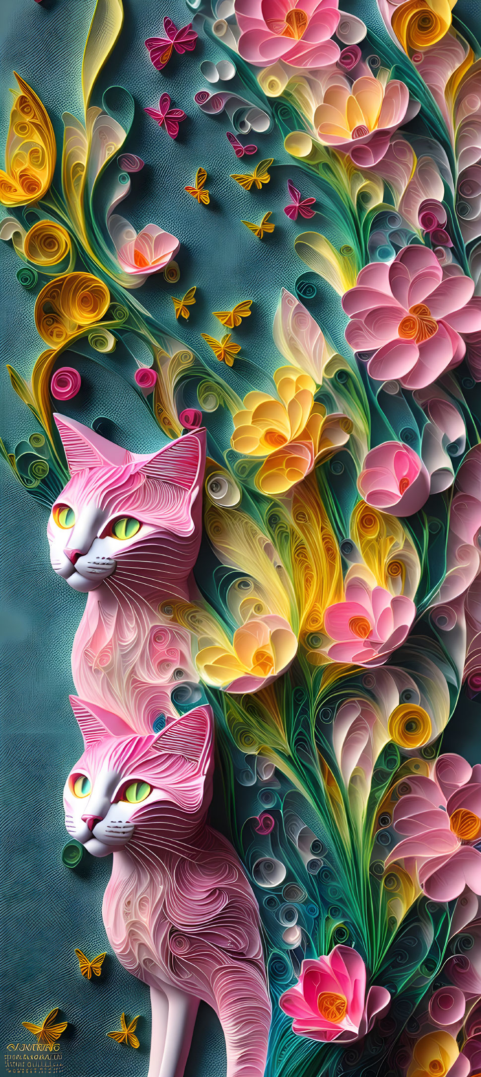 Paper Cut, quilling, photorealistic, pink cats, ye