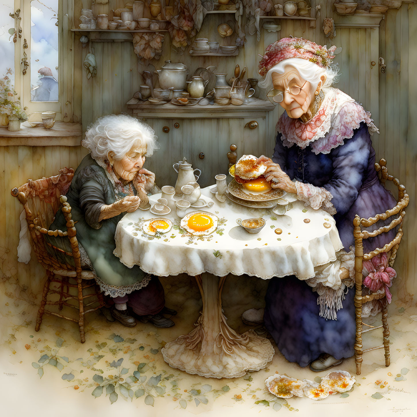 Old woman and a little boy eat a fried egg at tabl