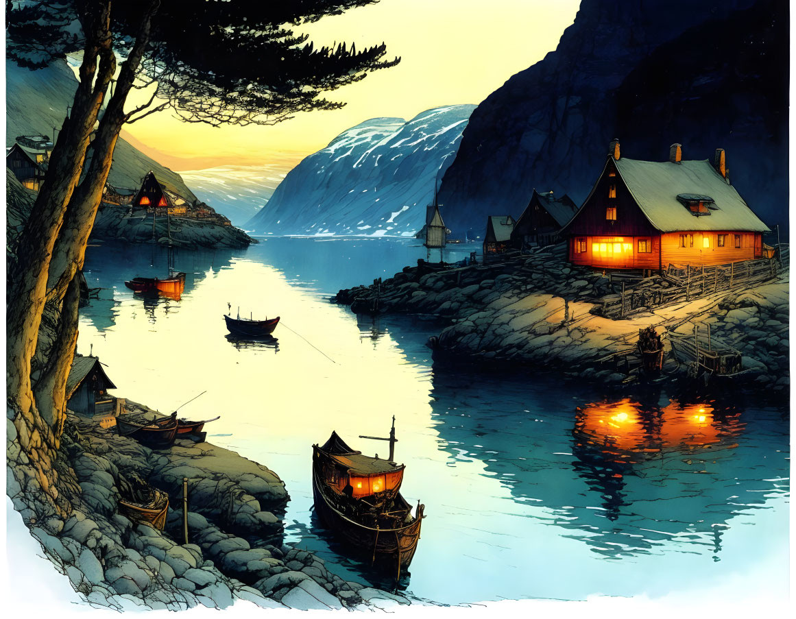 Tranquil night landscape: illuminated houses, boat on fjord, twilight mountains
