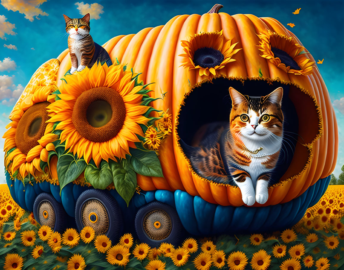 Smiling cat and smiling boy driving a pumpkin bus 