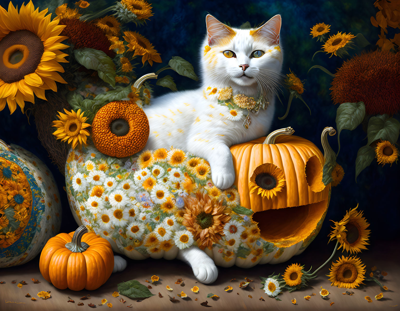 Smiling white cat riding a pumpkin with sunflowers