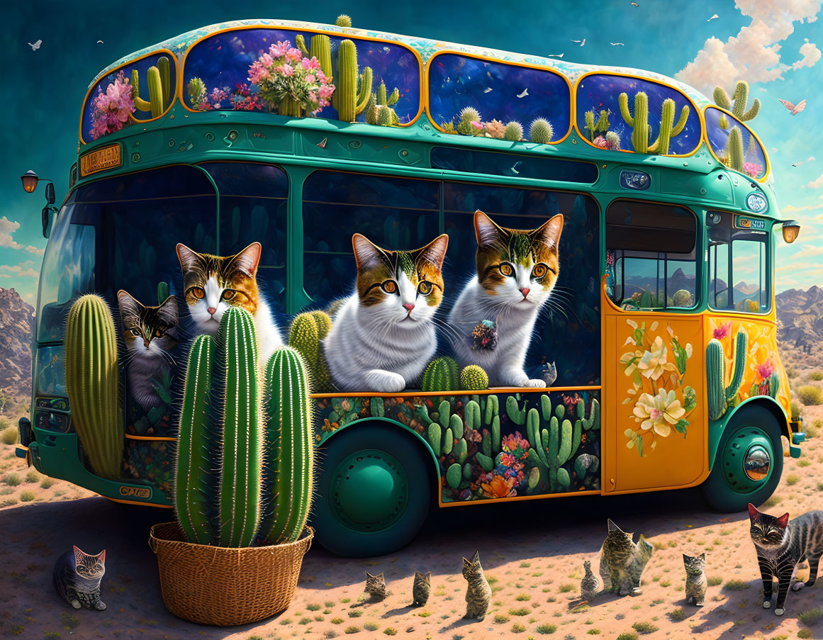 Colorful Cat-Filled Bus with Cacti in Desert Landscape