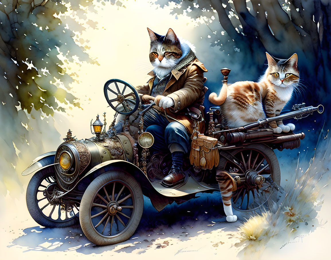 Anthropomorphic cats in vintage attire drive steampunk car in autumn scene