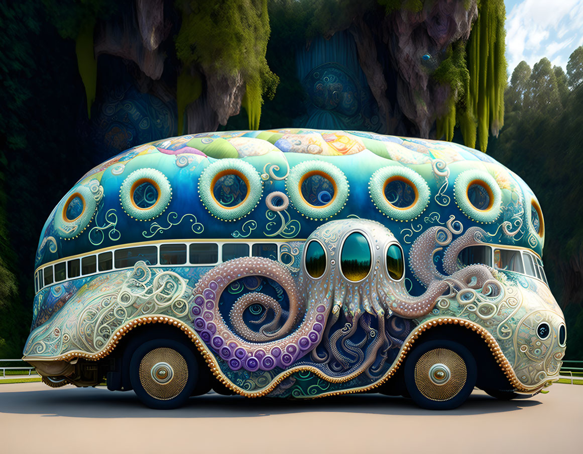 Colorful octopus-shaped bus with intricate patterns and multiple eyes in lush green setting