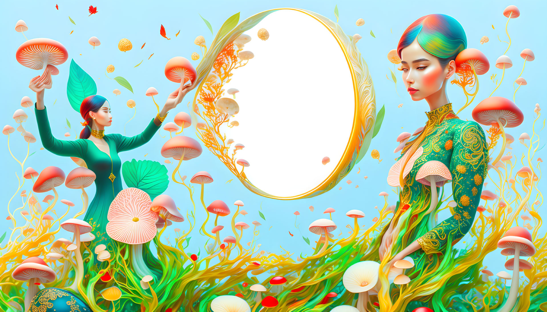 woman surrounded by colorful mushrooms + oyster mu
