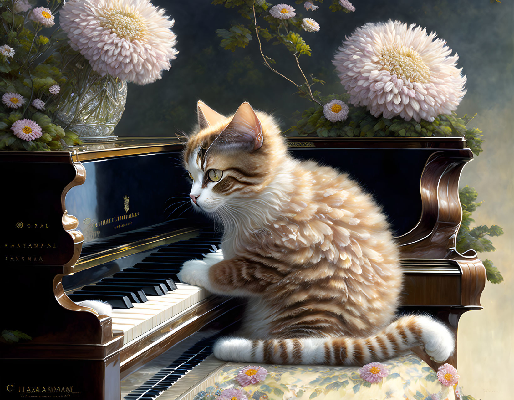 chrysanthemums cat playing a piano. extreme detail
