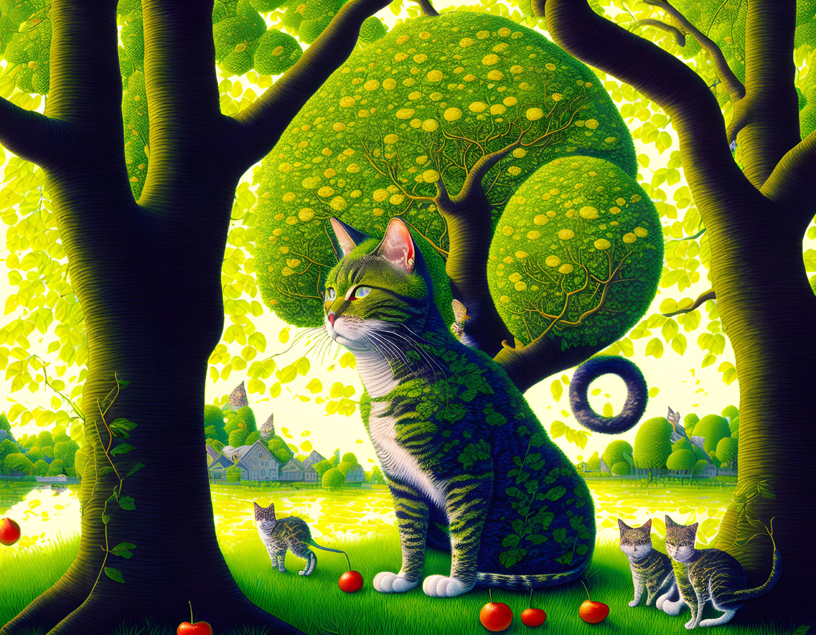Ripe green-yellow cherry tree, cats. extreme detai