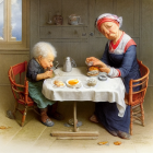 Elderly women in cozy kitchen with tea, cake, and vintage decor