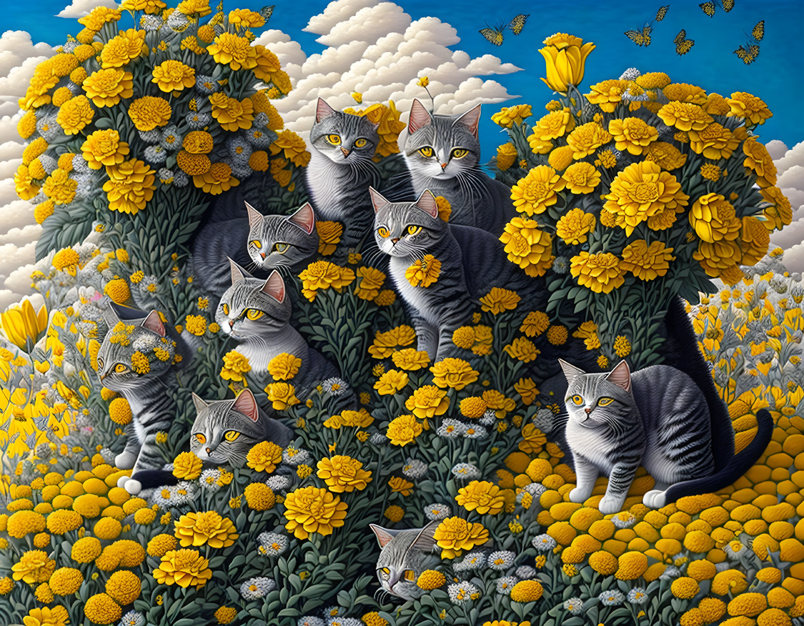 Grey-striped cats blend in yellow marigold flowers under blue sky.
