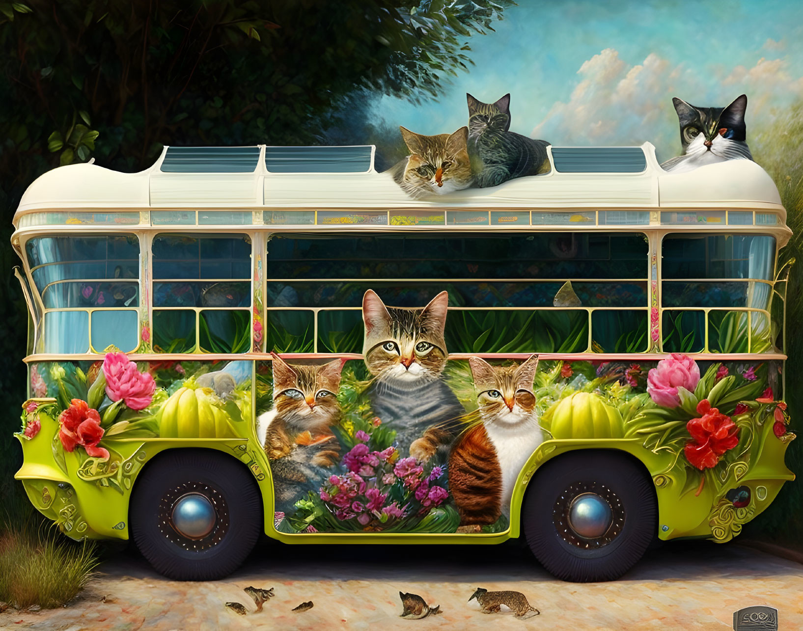 aloe vera bus with cats inside and outside. Patchw
