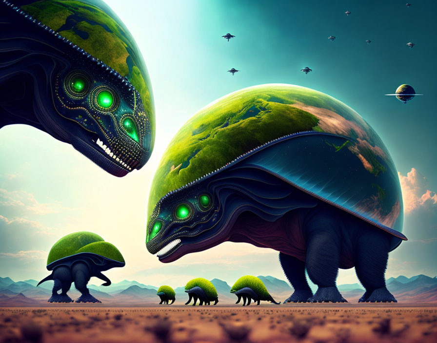 Surreal artwork of turtle-like creatures with Earth-like shells in desert under teal sky