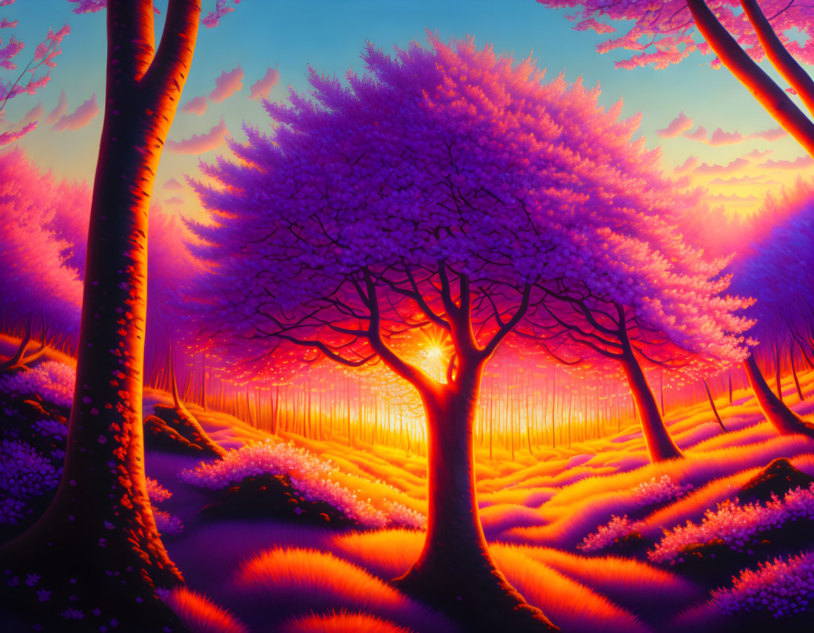 Fantastical landscape with radiant trees and glowing grass