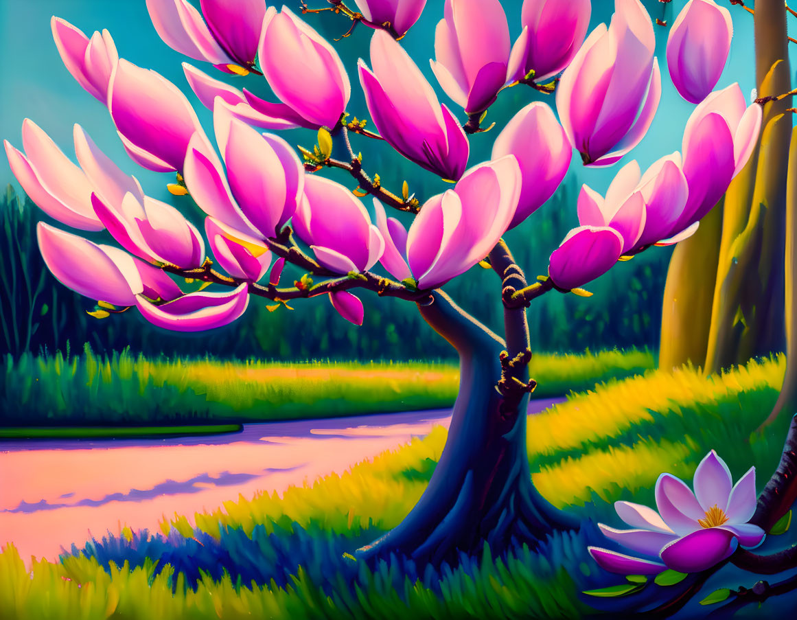 magnolia tree in bloom in spring oil painting