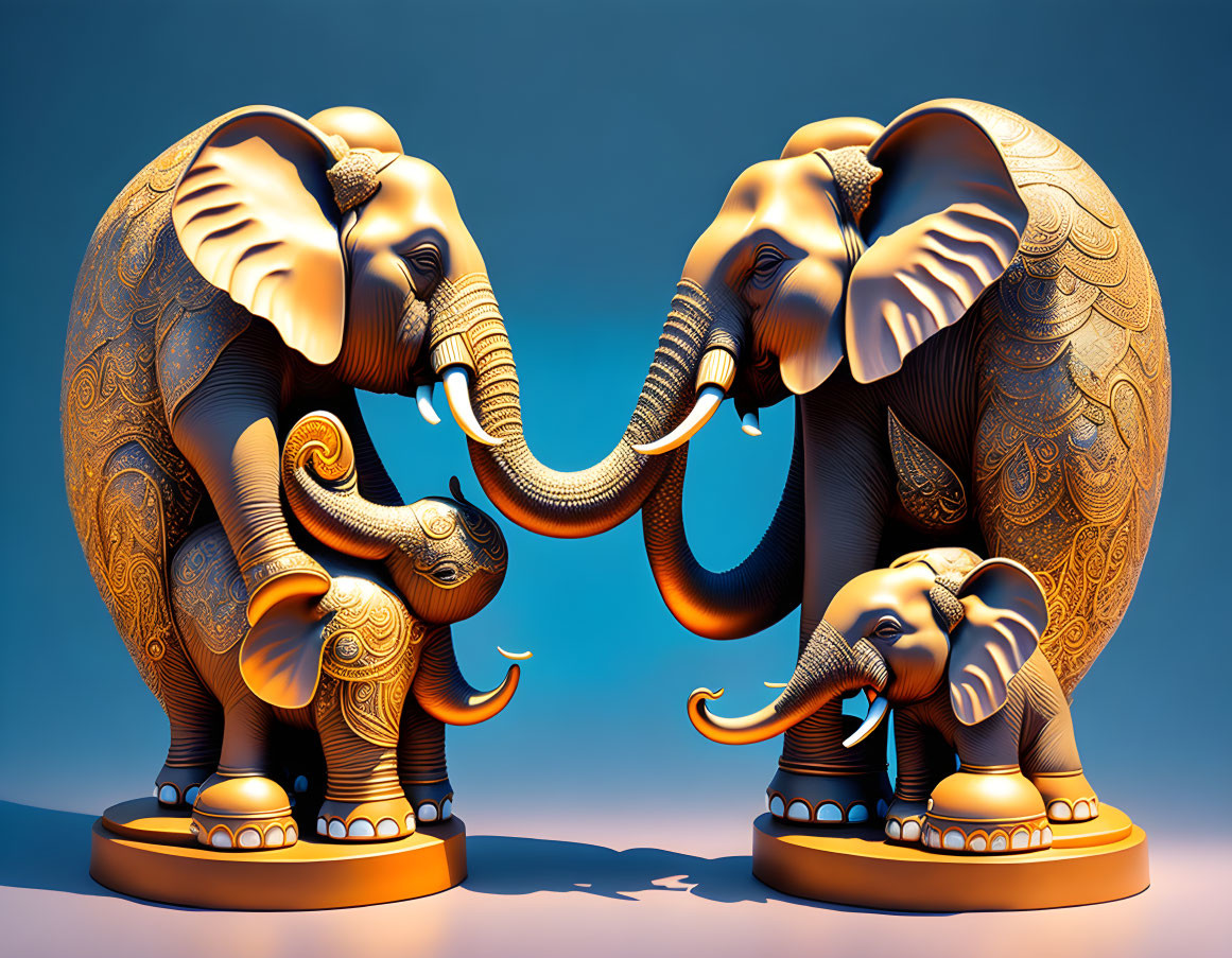 Ornate elephant sculptures with intricate designs on a blue background