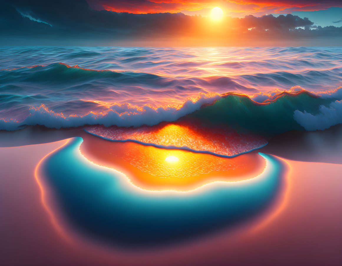 Vibrant surreal sunset seascape with glowing outlines.