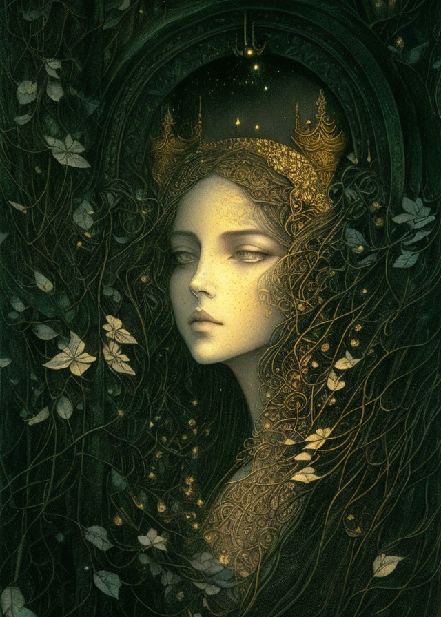 Illustrative art of woman with ornate headgear in mystical setting
