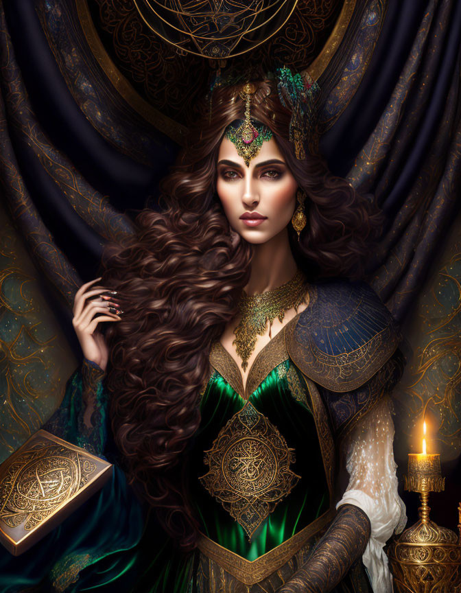 Illustrated woman in regal attire with long wavy hair holding a book by a candle