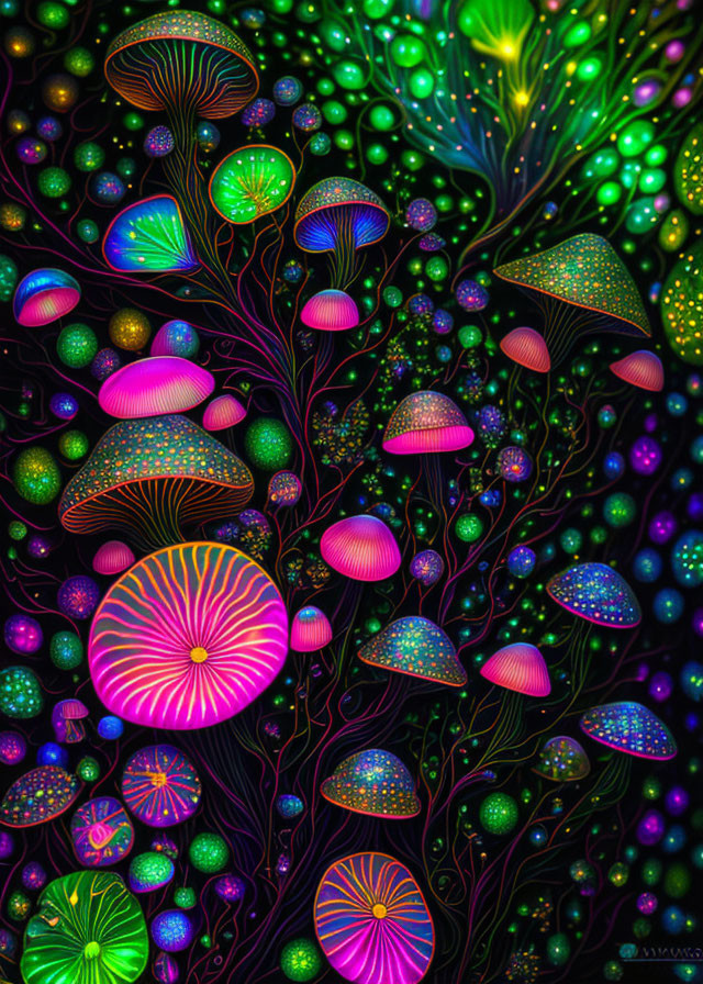 Colorful Neon Mushrooms and Foliage in Dark Fantasy Setting