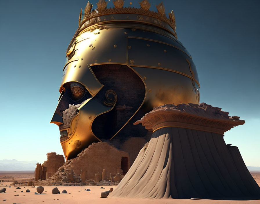 Ancient ruins with colossal golden helmeted head in desert landscape