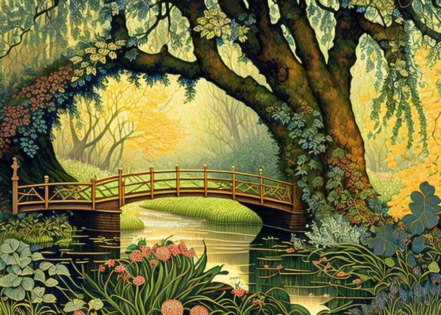 Serene wooden bridge over lush pond with glowing light