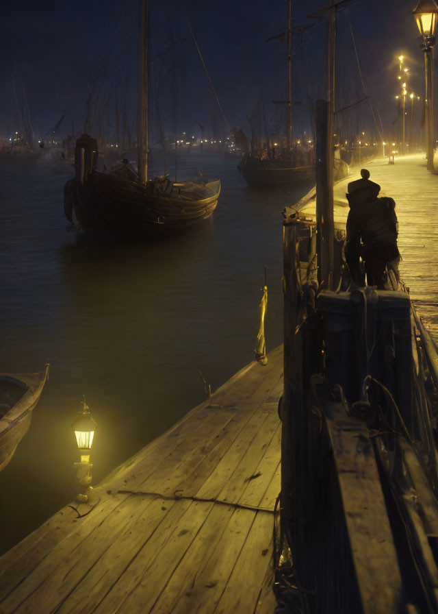 Vintage boats on dimly lit wooden dock with glowing streetlamp, hazy night ambiance