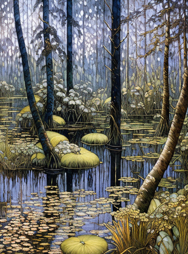 Detailed artwork: Mystical forest with towering trees, dense undergrowth, serene pond.
