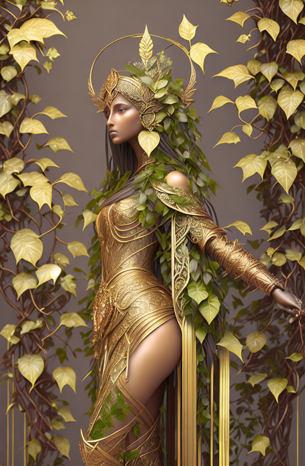 Illustrated female figure in golden armor with leaf motifs on ivy backdrop