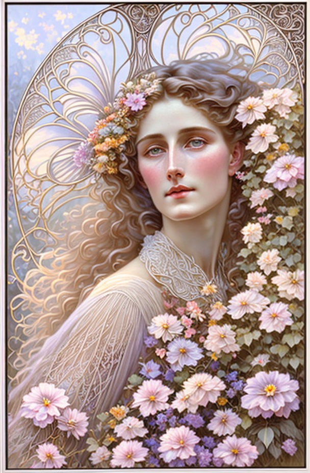 Art Nouveau Woman with Floral Adornments and Halo in Soft Pastel Tones