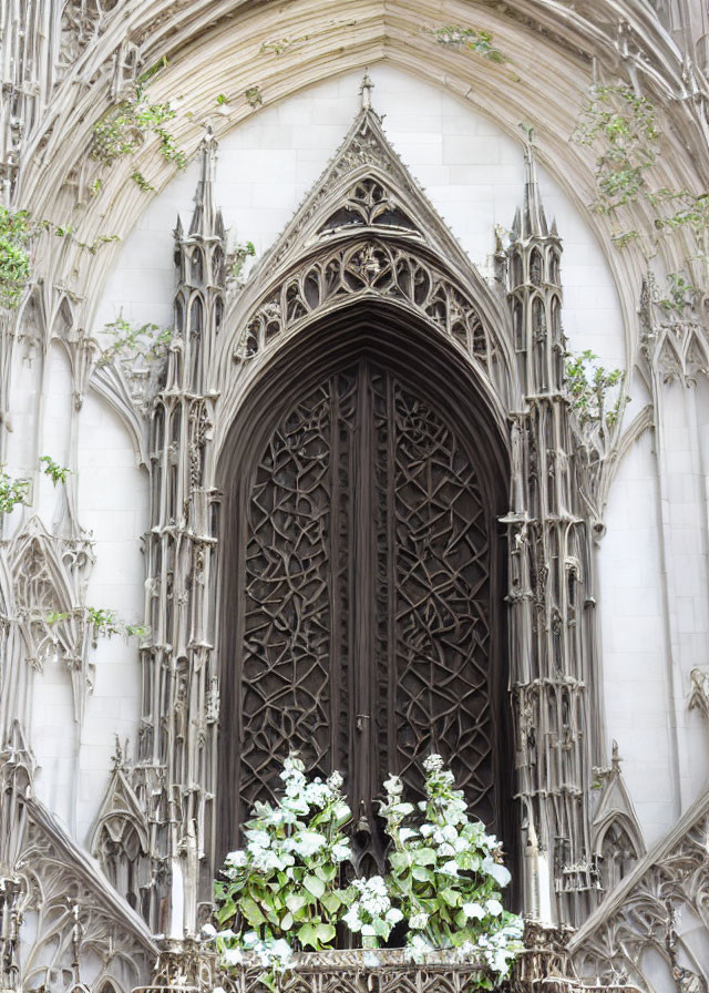 Intricate Gothic-style arch doorway with stone tracery, wooden door, flowers, and green