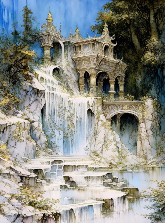 Majestic waterfall with ornate palace in lush setting