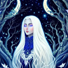 Ethereal illustration of woman in mystical blue forest
